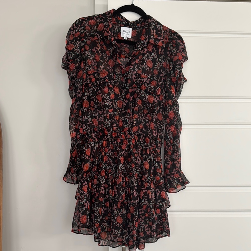 Misa Los Angeles Red and Black Tiered Ruffled Mini Dress